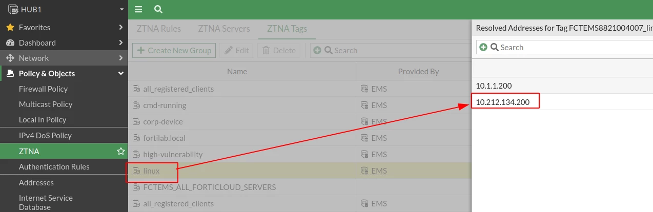 Linux ZTNA tag on FGT populated with the SSLVPN IP address