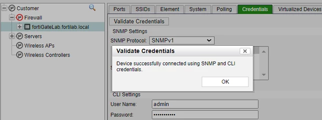Figure 3. Validation of credentials show success for both SNMP and CLI.