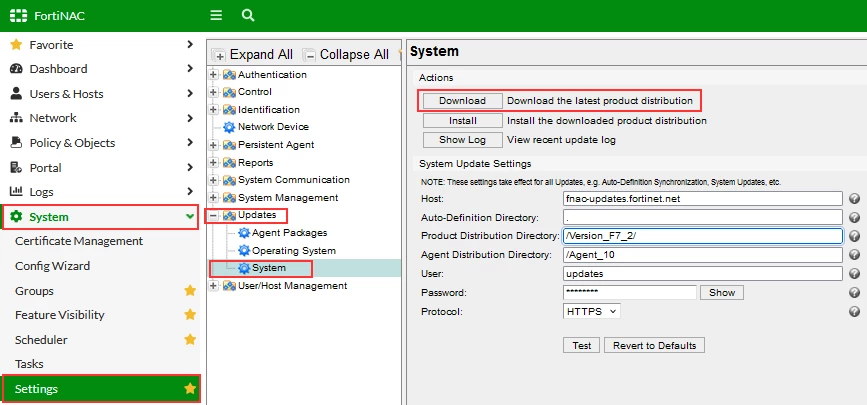 Figure 1. Specify FortiNAC Distribution Directory to be downloaded on FortiNAC GUI.