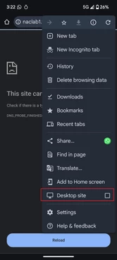Figure 1. Select "Desktop Site" in Google Chrome settings.
