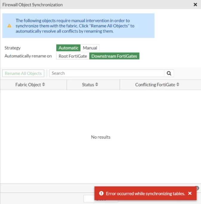 Error_occurred_while_synchronizing_tables.png Figure 2: Firewall Object Synchronization page. Note the 'error occurred while synchronizing tables' message.