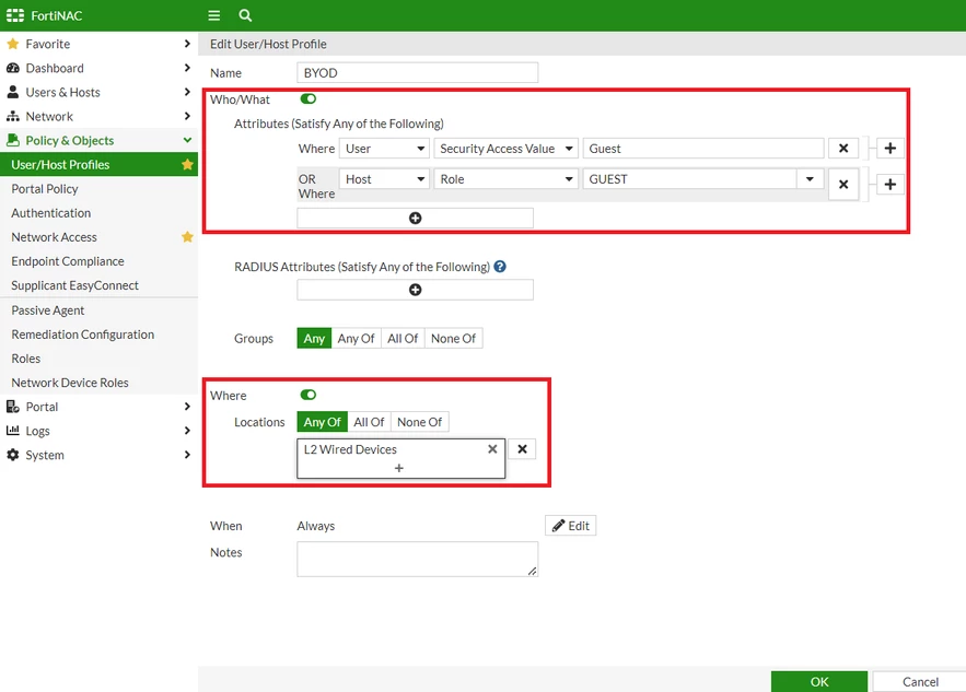 Figure 1. Create User/host profile to match Guests connecting to L2 Switches.