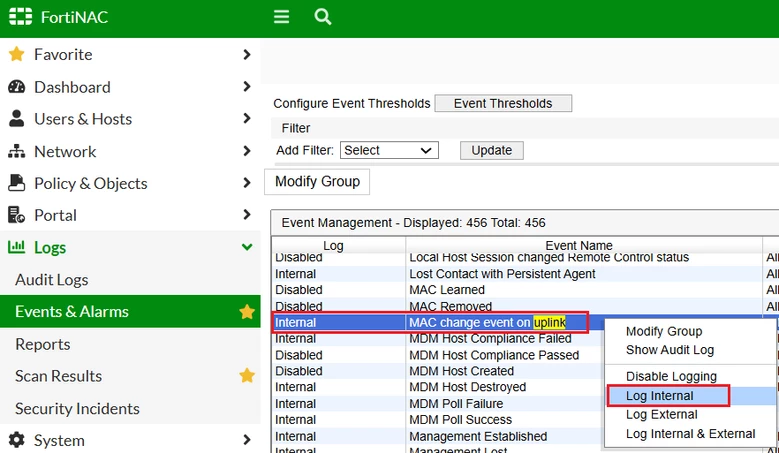 Figure 1. Enable Logging for the "MAC change event on uplink" event.