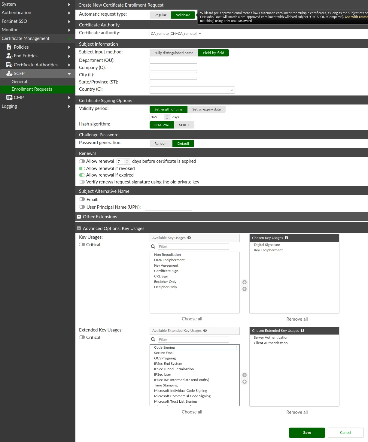 Wildcard enrollment template