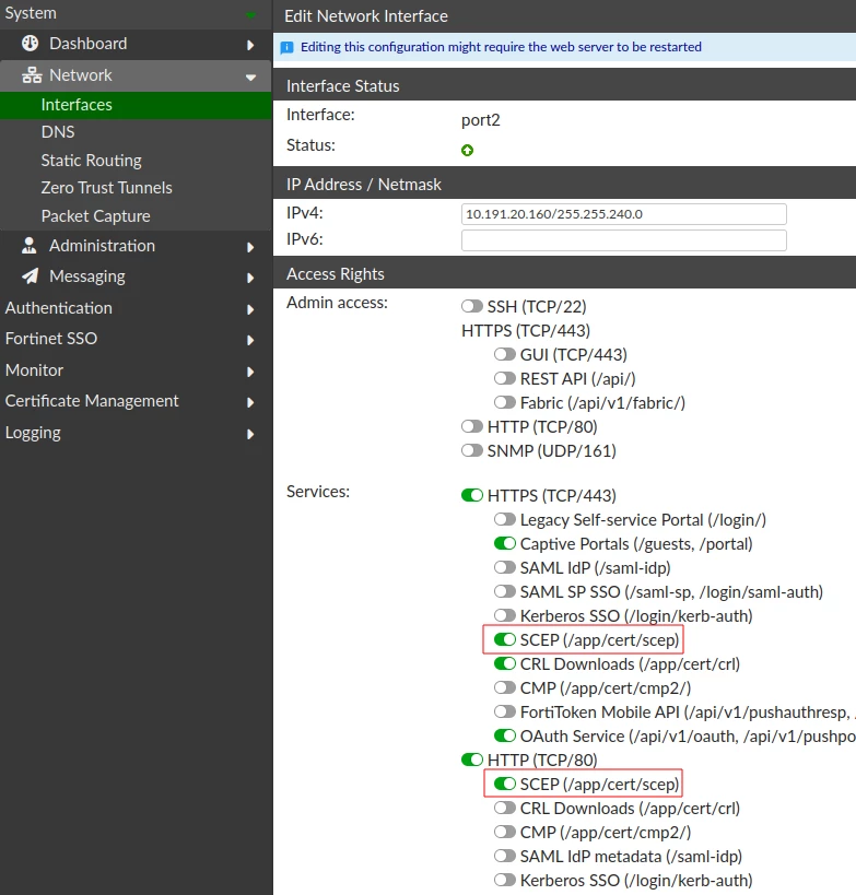 SCEP interface settings