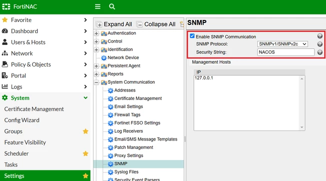 Figure 1. SNMP Configuration in FortiNAC