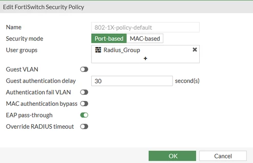 FortiSwitch security policy.png Figure 1. Configure FortiSwitch 802.1x settings for the port.