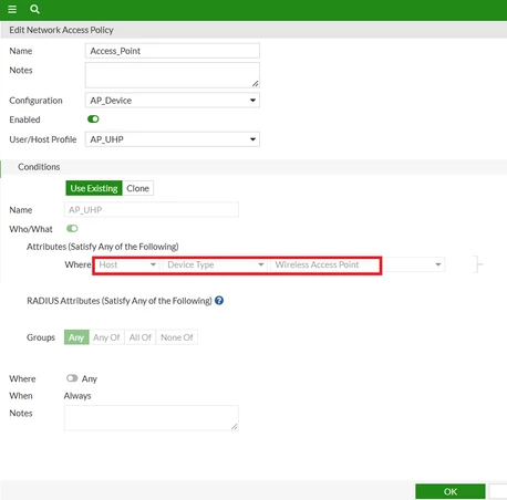 Access_Point_NAC_policy.png Figure 2. Network Access Policy Configuration for AP device type matching.