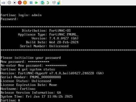 Figure 1. FortiNAC initial configuration after Factory reset.