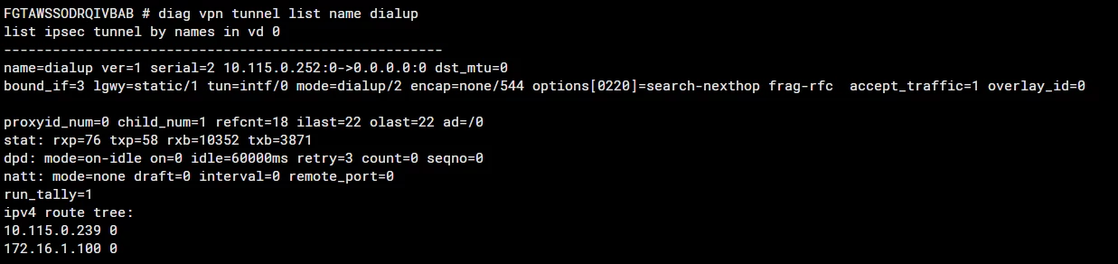 Example of correct route-tree entry, with one entry for the remote gateway address (10.115.0.239) and a second entry for the remote tunnel IP (172.16.1.100). Please note that exchange-interface-ip is enabled in this instance, and the VPN tunnel interface is configured with a local and remote tunnel IP address