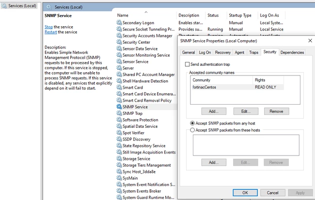 Figure 1. Enable and Configure the SNMP service on Windows host.