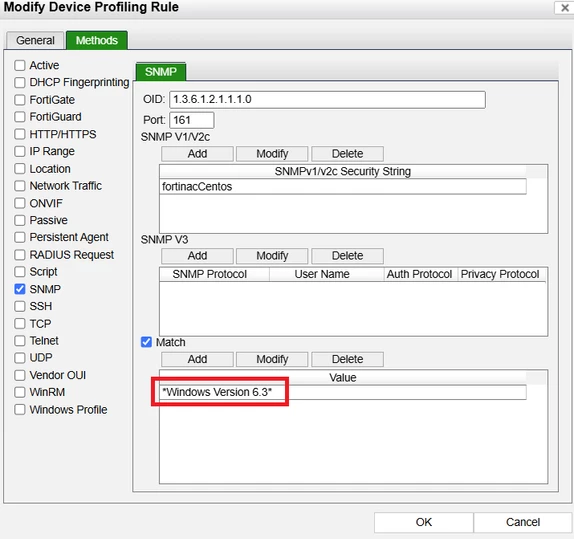 Figure 2. Configuration of SNMP method in Device profiling rules.