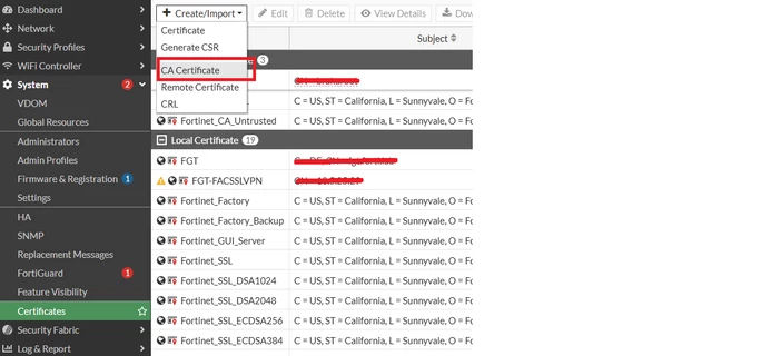 Figure 6. Importing Root CA in FortiGate