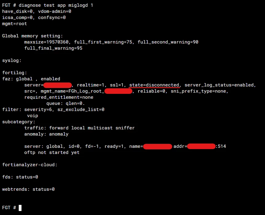 FortiGate CLI showing the enabled but disconnected configuration for FortiAnalyzer.