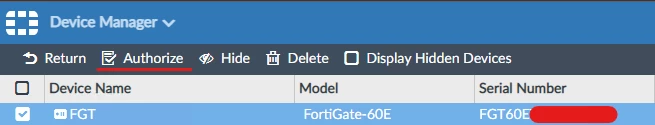 FortiAnalyzer Web GUI demonstrating how to authorize an unauthorized FortiGate