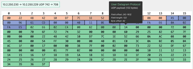 In this example the UDP payload begins at the highlighted byte ("14")