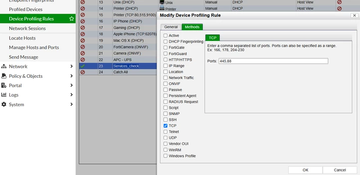 Figure 1. Creating a Device profiling rule with TCP method.