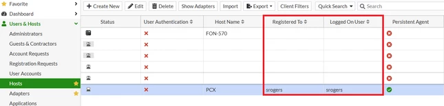 Figure 2. Host view attributes when a host initially registers through "Register as User" option.