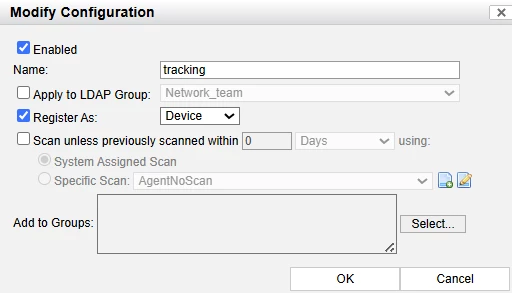 Figure 4. Configuration of Passive Agent policy with "Register as Device" setting.