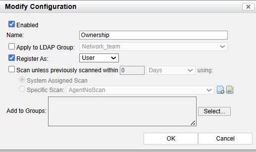 Figure 1. Creating a Passive Agent policy to Register Hosts to User.