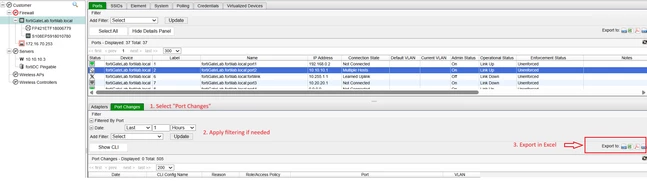 Figure 1. Example in Filtering and exporting 'Port Change' events