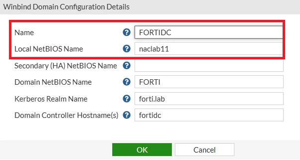 Figure 1. Winbind Configuration example where no special characters such as '-' are included in the entries highlighted in red.