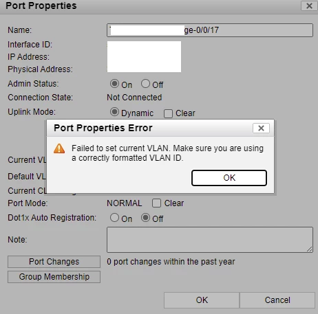 Figure 1. Error while attempting a manual VLAN change from FortiNAC GUI.