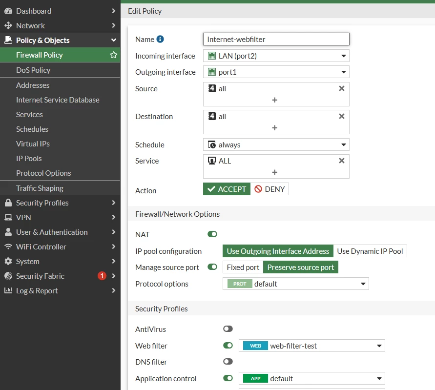 Figure 1: Firewall policy with flow mode enabled (default), but doesn't show the "Inspection mode" section.