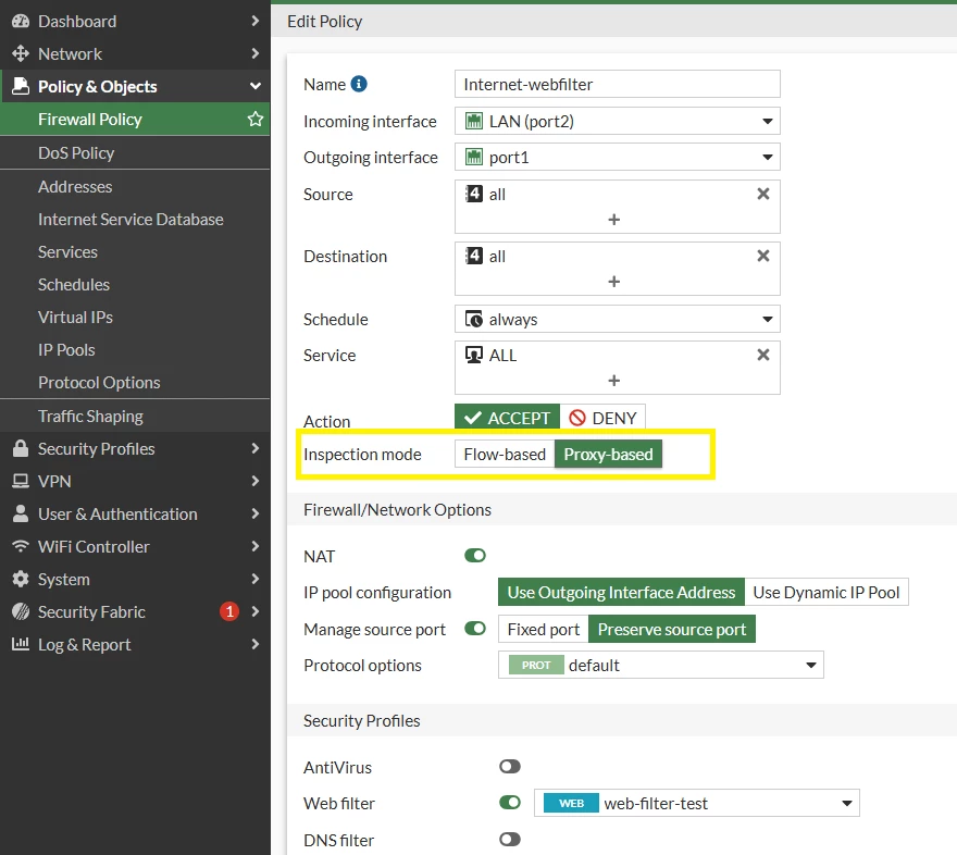 Figure.2: Firewall policy with proxy mode enabled, now shows the "Inspection mode" section.