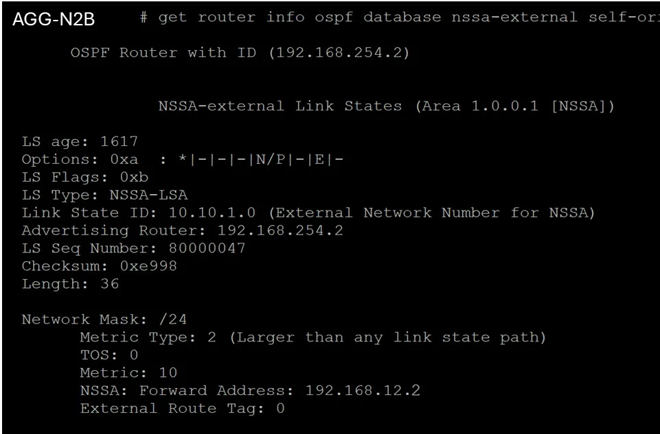 4.jpg Figure 3. FortiSwitch AGG-N2B - LSA type 7 showing prefix 10.10.1.0/24