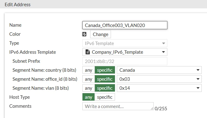 IPv6 Address object, set to type 'IPv6 Template'
