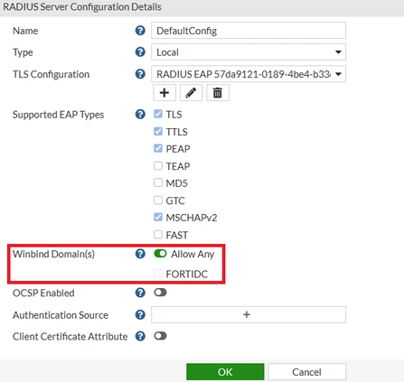 Figure 2. Allowing all Winbind Domains in the "DefaultConfig" Radius Configuration