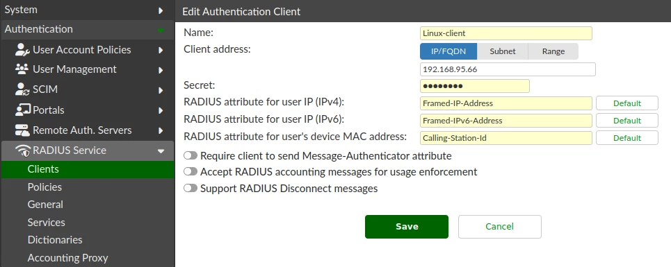 RADIUS Client configuration