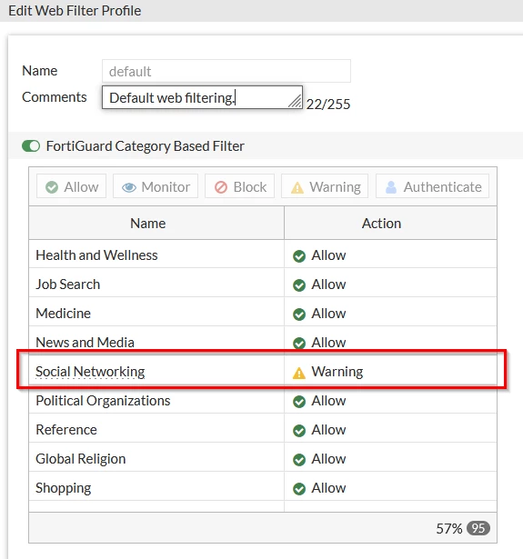 Webfilter configuration with action warning