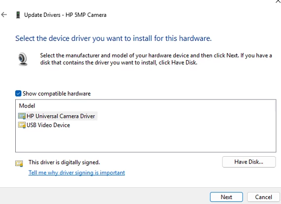 Changing driver from HP Universal Camera Driver to USB Video Device