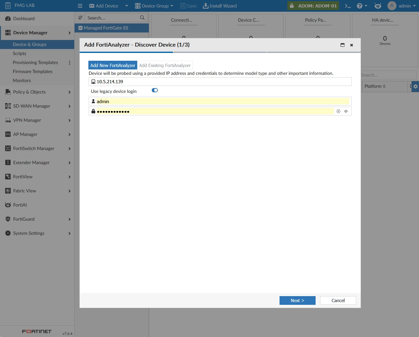 Add FortiAnalyzer - Step1 - Discover Device.png