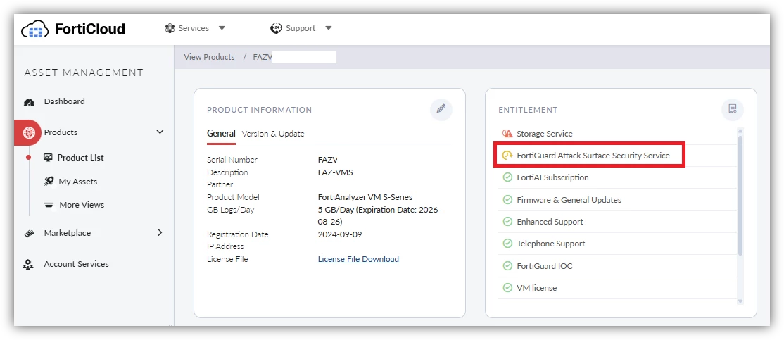 FortiCloud shows FortiGuard Attack Surface Security Service.png