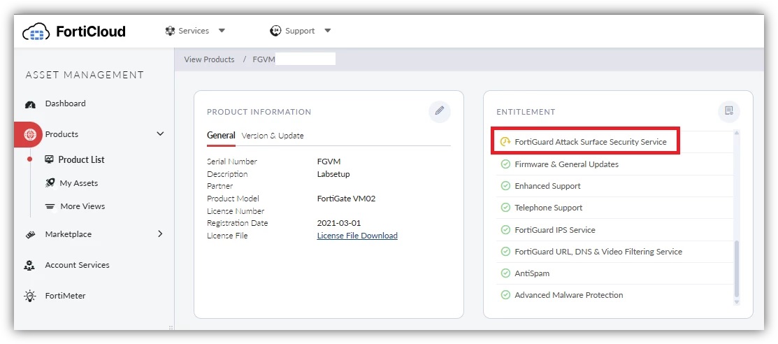 FortiCloud shows FortiGuard Attack Surface Security Service for FGT.png