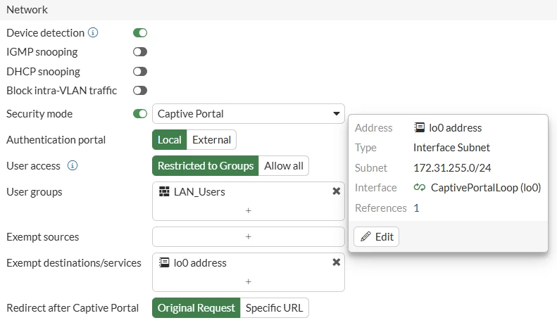 Captive Portal settings on user-facing interface