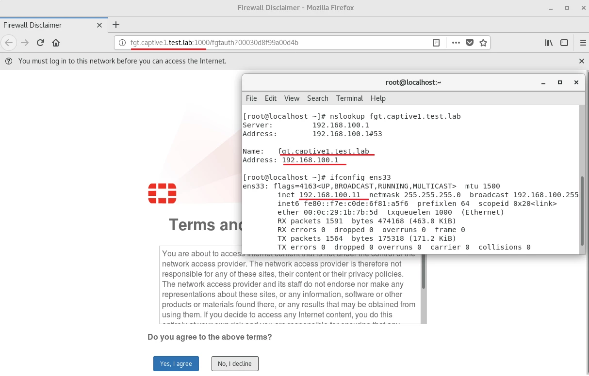 Client connected to port2 captive portal network.