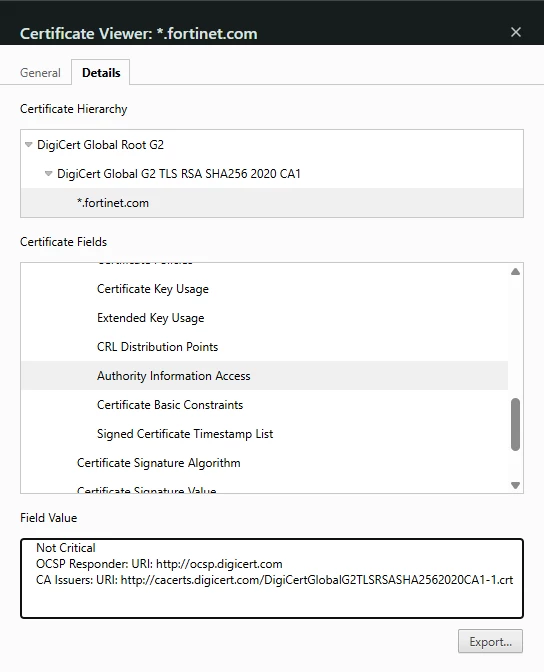 Authority Information Access extension from certificate issued to *.fortinet.com