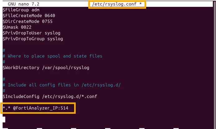 Figure 1. Ubuntu machine configured to send  syslog to FortiAnalyzer