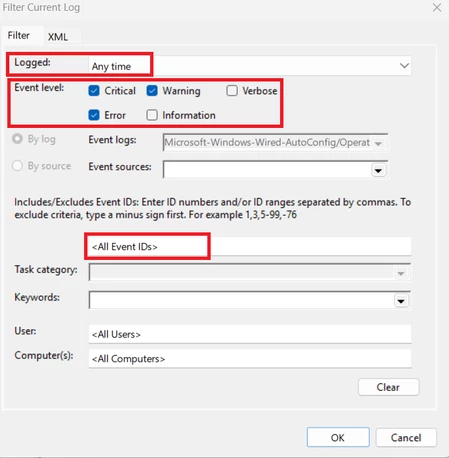 Figure 2. Filter for specific Event IDs and Event level