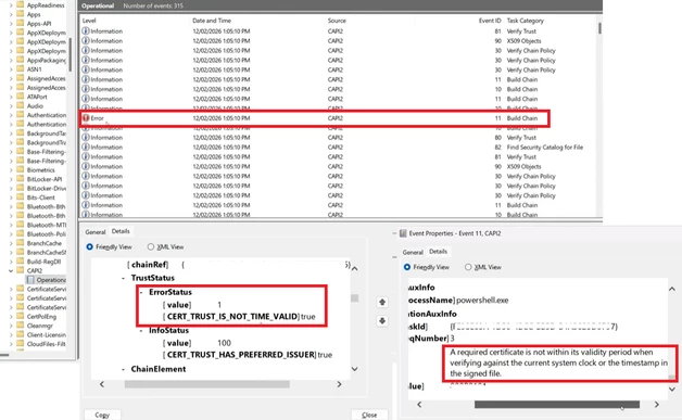 Figure 1. Validating Certificate errors in CAPI2 Event logs.
