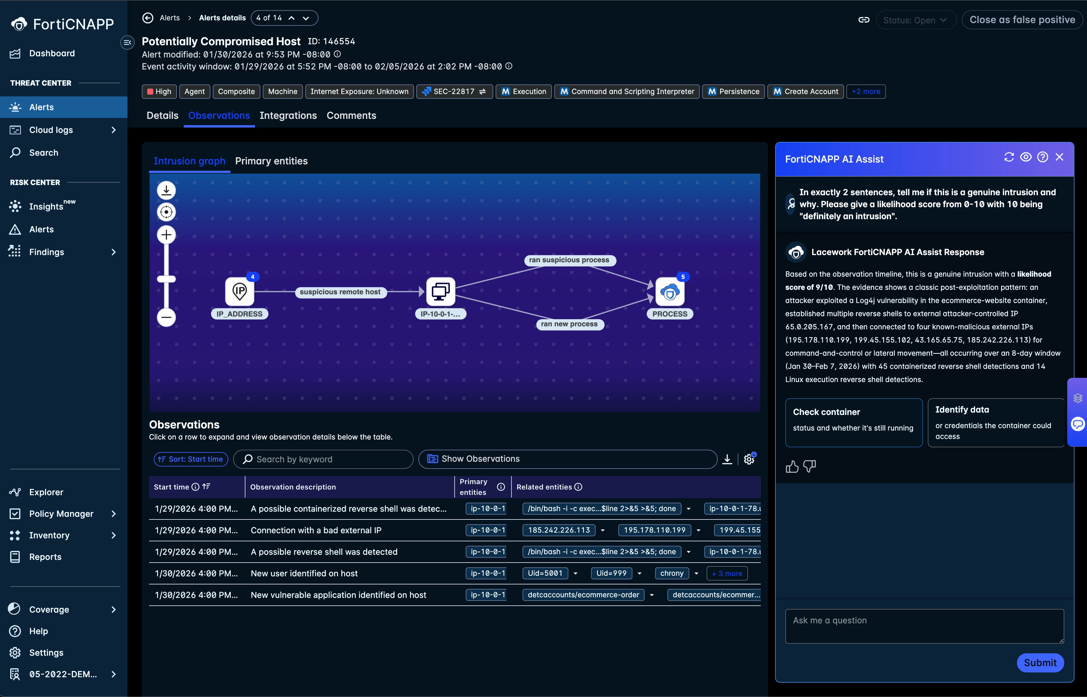 A screenshot of the Intrusion Graph in the FortiCNAPP UI. The Intrusion Graph is rendered in the Observations Tab of Composite Alerts.
