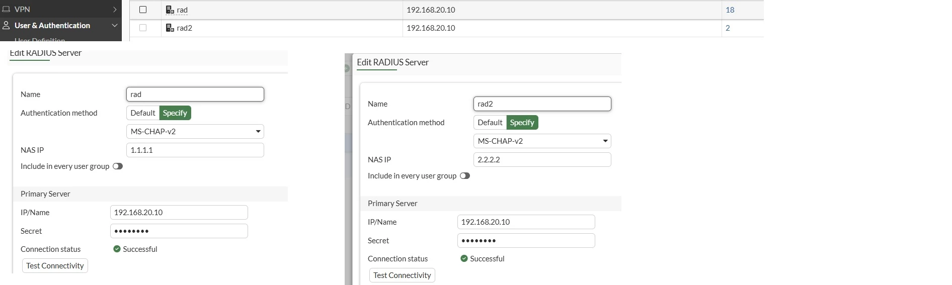 Figure 4. Radius server configured on FortiGate
