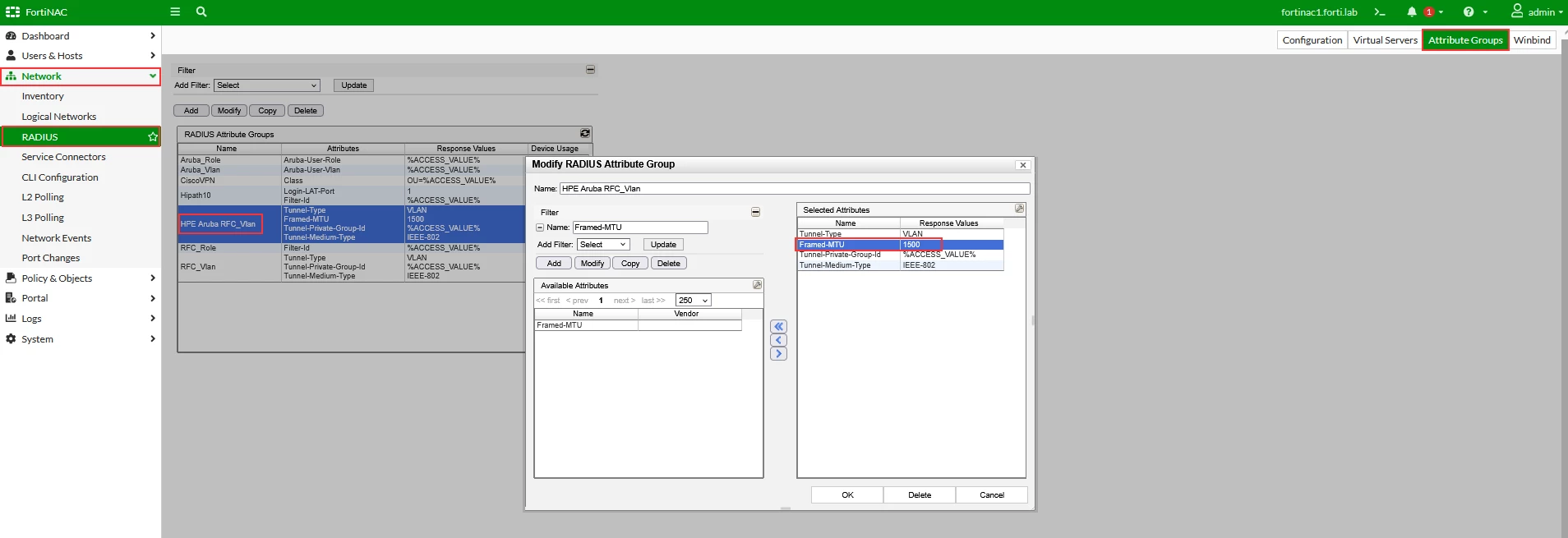 Figure 1. Add Framed-MTU attribute for HPE Aruba RFC_Vlan