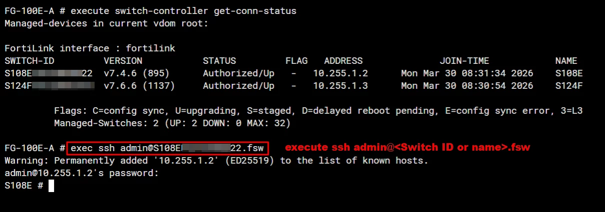 SSH to the FortiSwitch using DNS domain