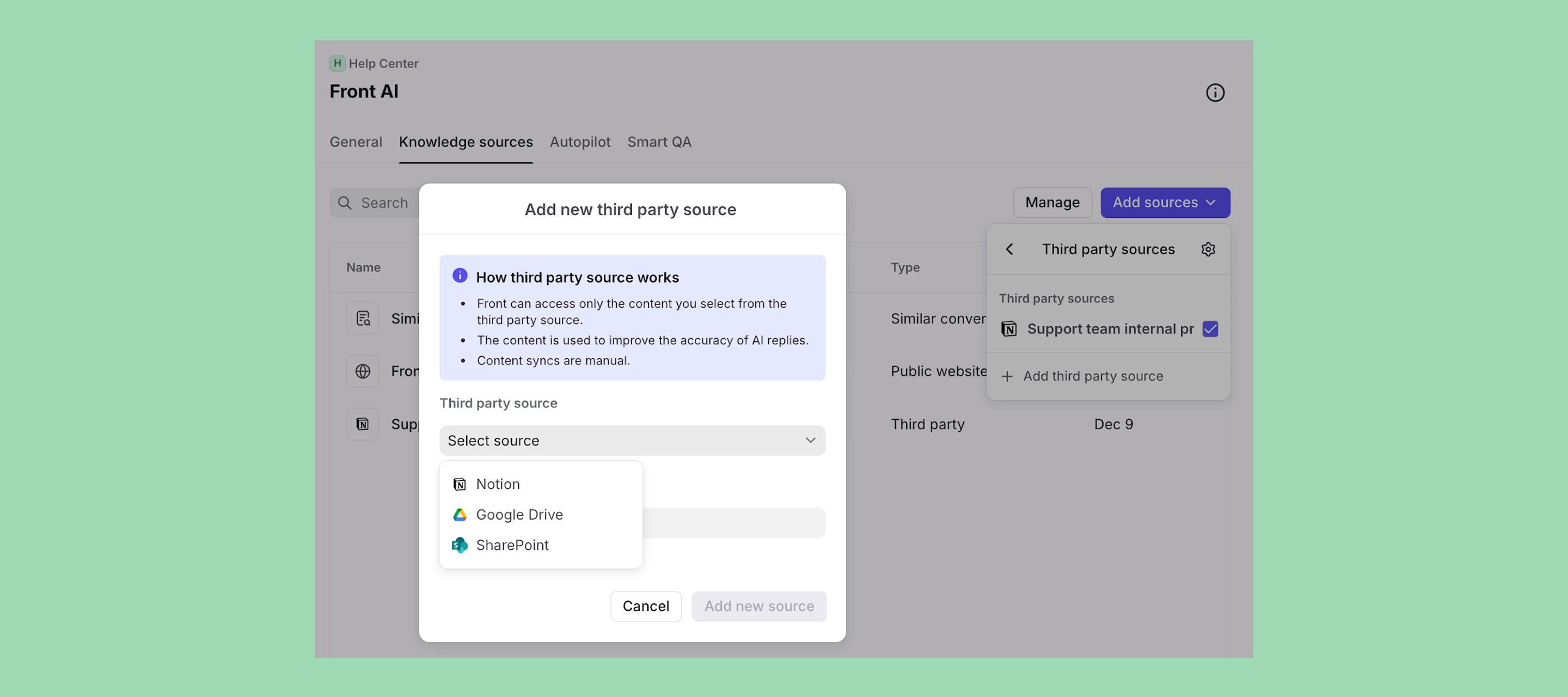 Connect Notion, Google Drive, and SharePoint as AI knowledge sources
