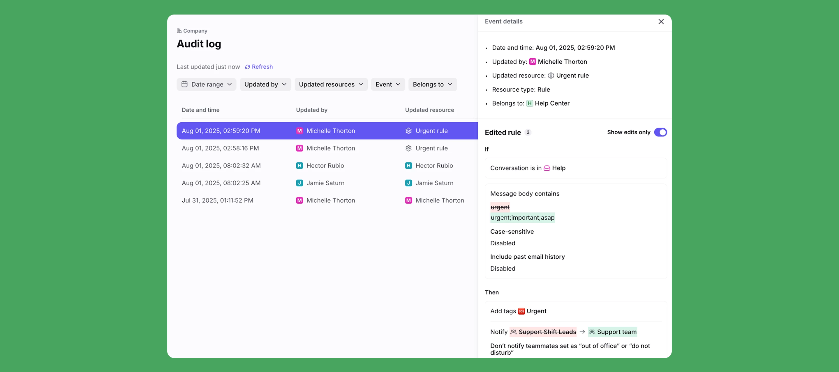 Track admin rule activity in audit log